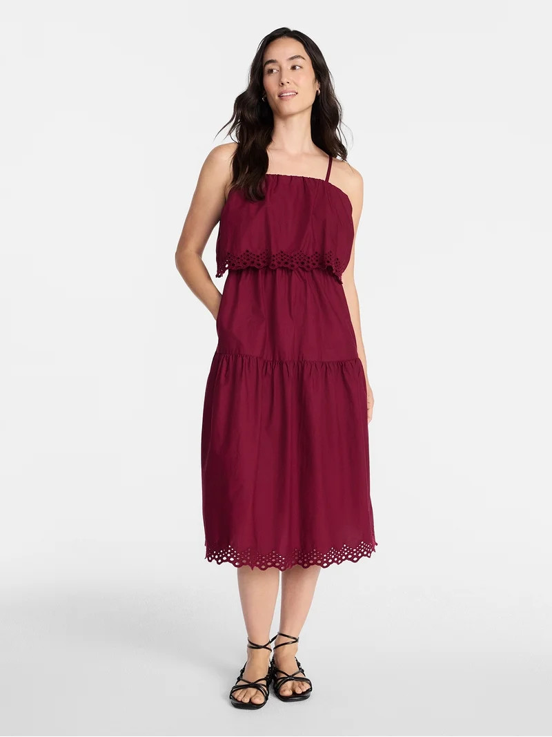 Time and Tru Women's and Women's Plus Sleeveless Cotton Midi Dress with Eyelet Trim, Sizes XS-4X | Walmart (US)
