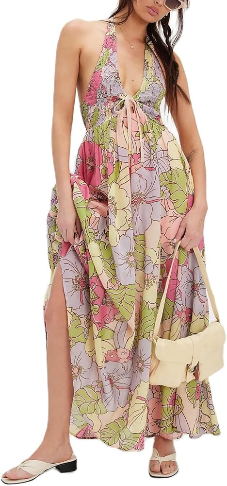 Floral Maxi Dress for Women Sleeveless Backless A-Line Long Flowy Dress Back Cut Out Spaghetti St... | Amazon (US)