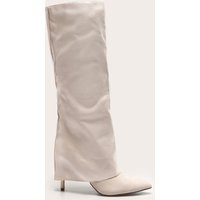 Stone Faux Suede Point Toe Fold Over High Stiletto Knee High Heeled Boots | PrettyLittleThing UK