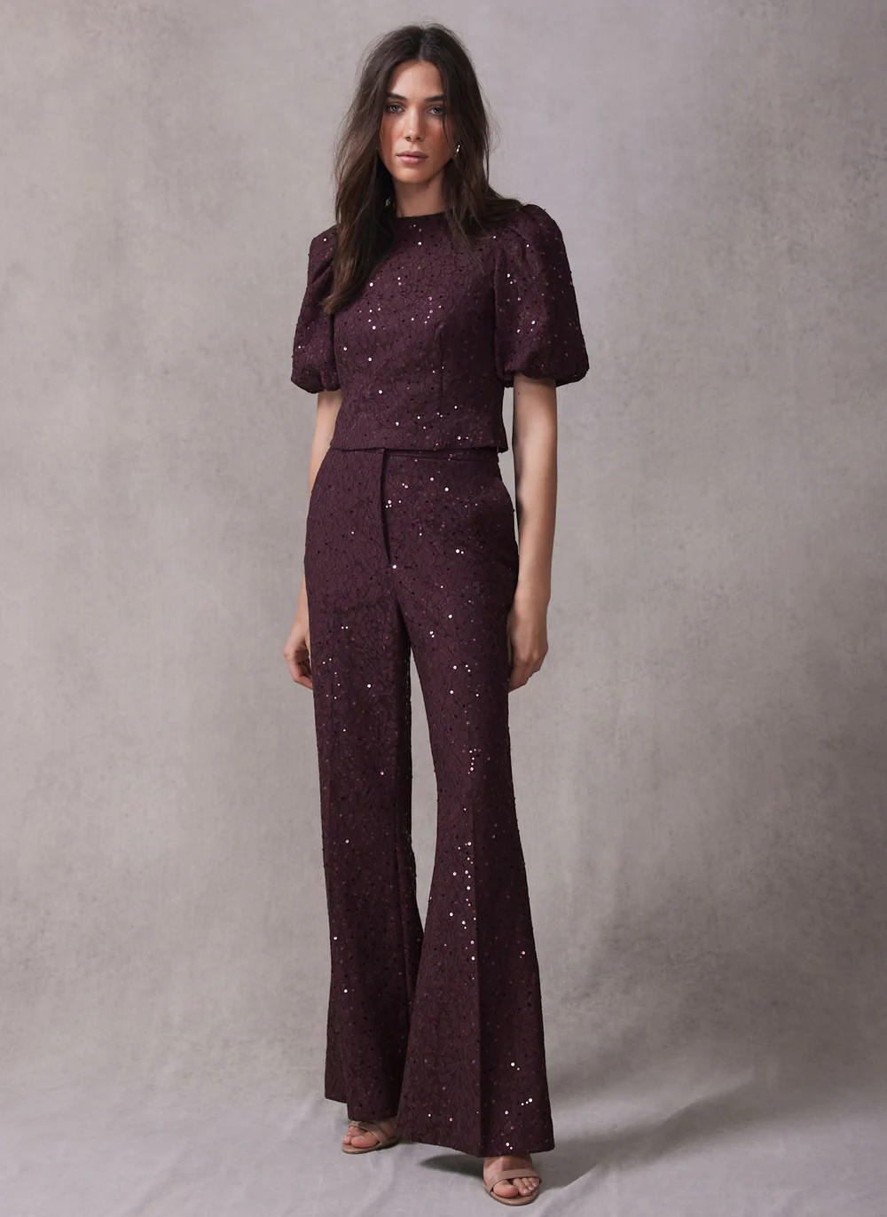 Burgundy Sequin Lace Flared Trousers | Mint Velvet