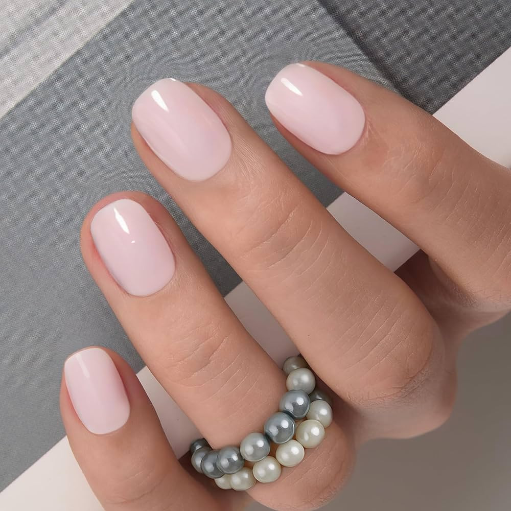 Curvlife Press on Nails Milky White Short Square Acrylic Fake Nails with Apricot Design Full Cove... | Amazon (US)