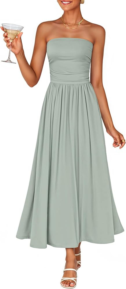ZESICA Women's Summer Sleeveless Midi Dress 2026 Strapless Ruched A Line Flowy Wedding Guest Part... | Amazon (US)