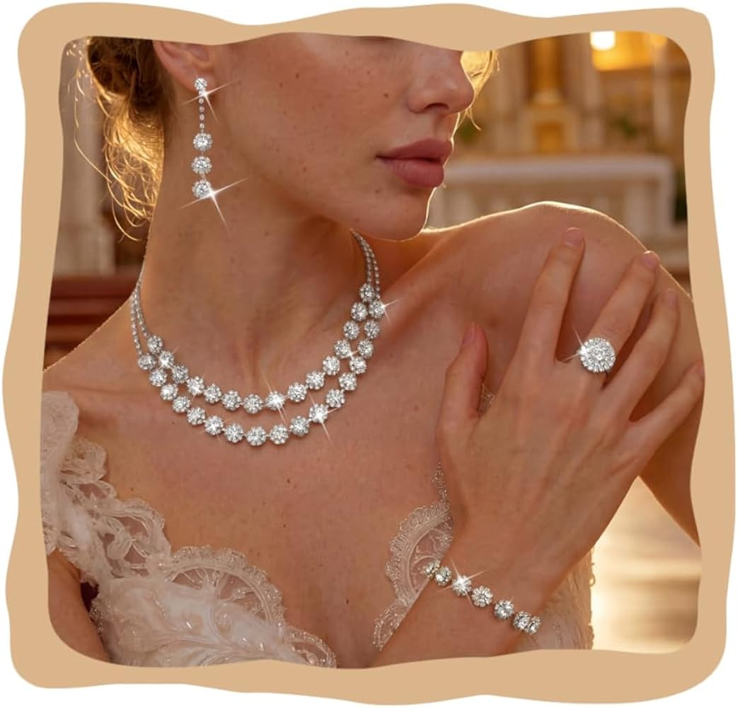 Tungary Wedding Jewelry Sets for Women Hypoallergenic Choker Necklaces for Women Dangle Earrings Bracelet Adjustable Ring Wedding Jewelry Set for Brides Bridesmaid Party Prom Costume Accessories | Amazon (US)