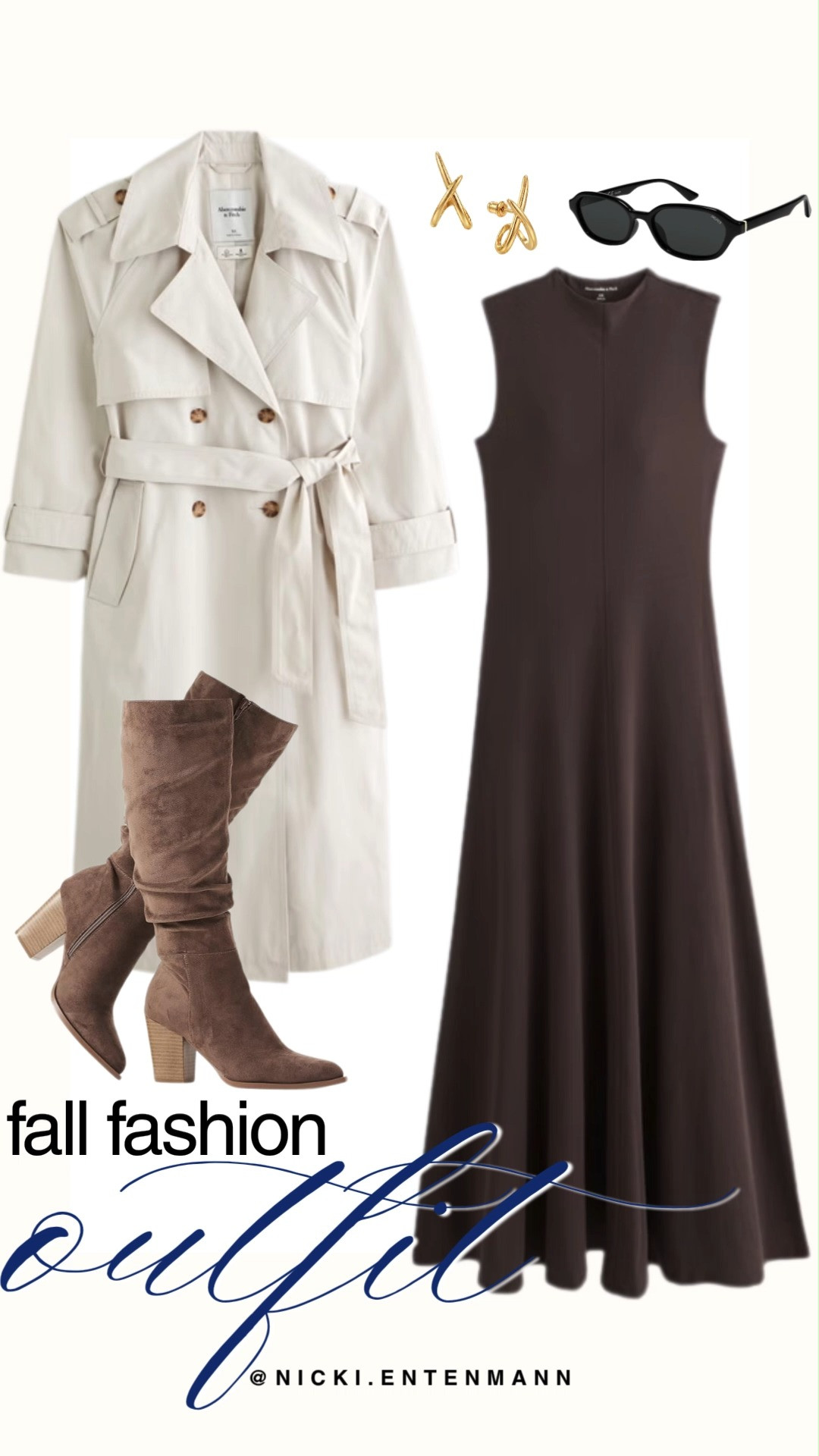 Elevate your seasonal wardrobe with this chic fall fashion outfit edit. A sleek sleeveless espresso midi dress pairs perfectly with a classic cream trench coat for sophisticated layering. Slouchy taupe suede knee-high boots, black oval sunglasses, and artistic gold stud earrings complete this polished, preppy-casual look.

#fallfashion #falloutfit #abercrombiestyle #streetstyle #outfitinspiration #chicstyle #knee-highboots 

 #LTKNYFW #LTKootd #LTKSaleAlert