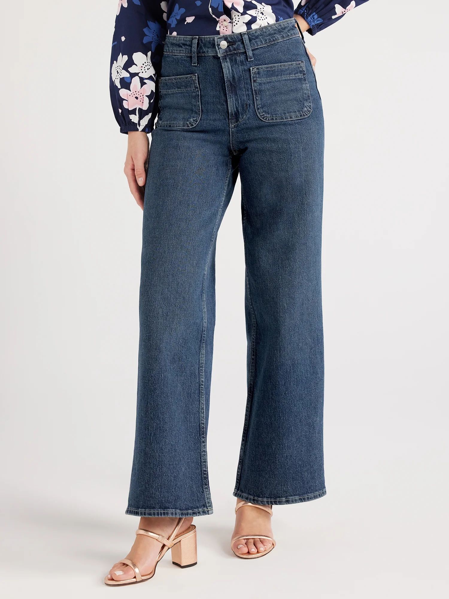 Free Assembly Women's Patch Pocket Wide Leg Jeans, 31” Inseam, Sizes 0-22 - Walmart.com | Walmart (US)