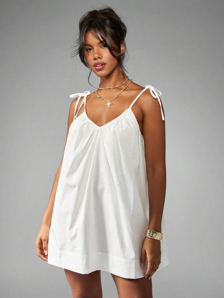 MISSGUIDED Smock Mini Dress Summer Tie Shoulder Loose Flowy Beach Vacation Resort Cotton Shift Sundress Spring Festival Boho Holiday Loungewear | SHEIN