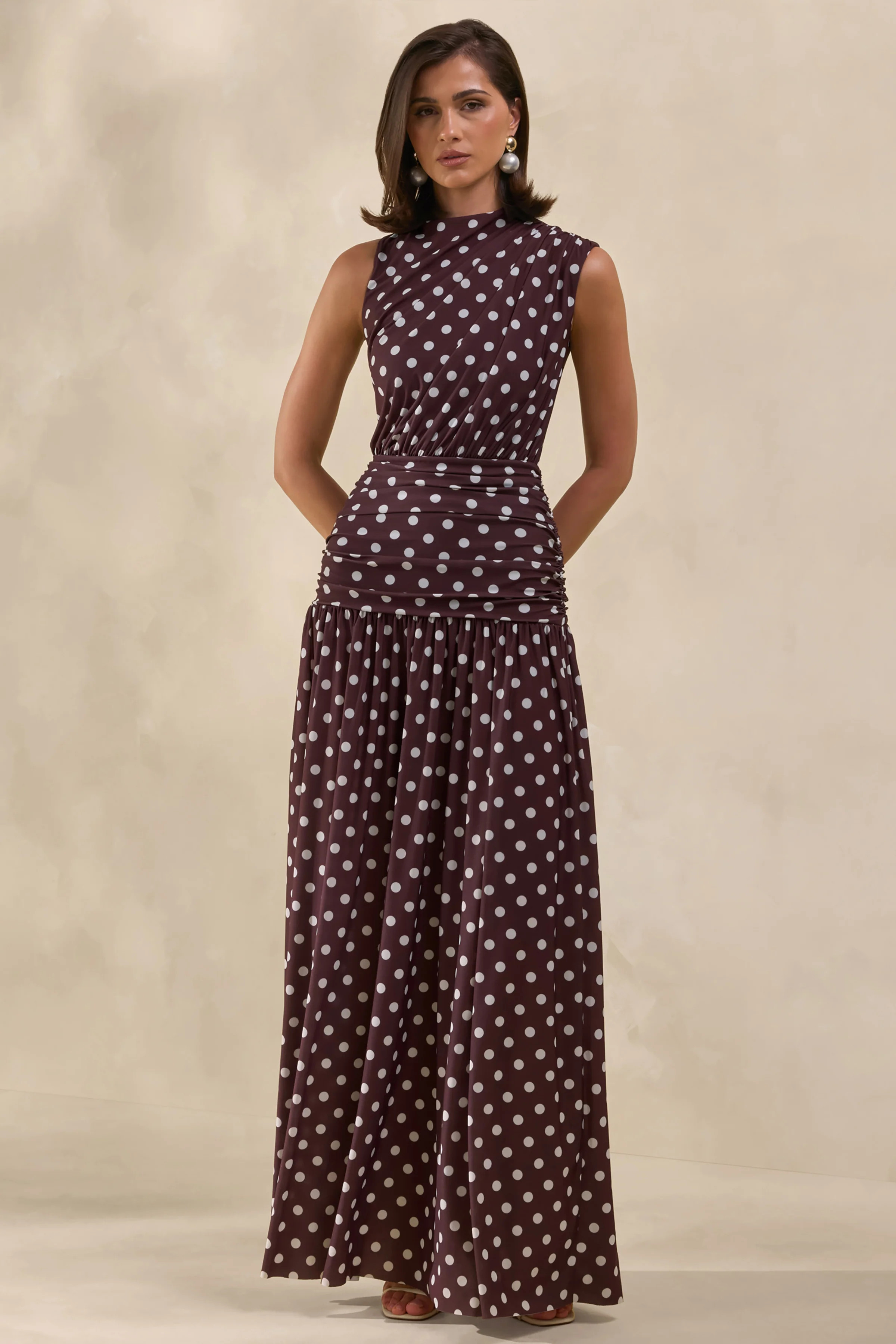Kelis | Brown Polka-Dot High-Neck Maxi Dress With Draped Detailing | Club L London