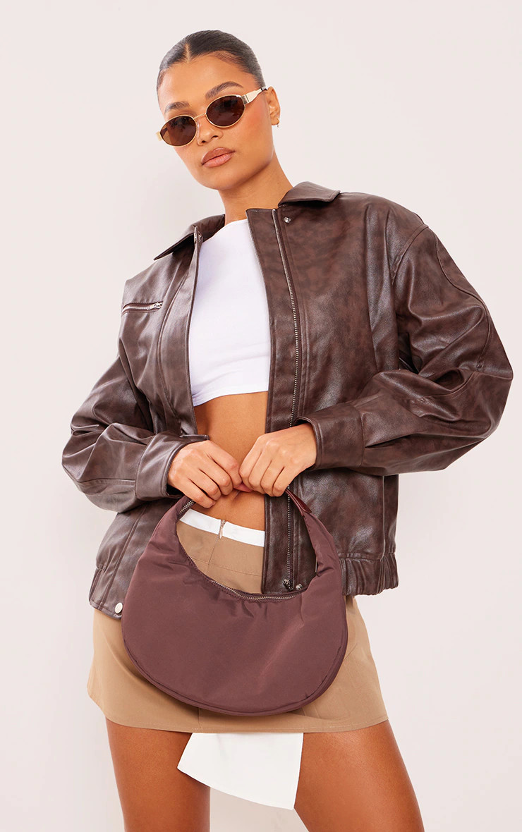 Brown Faux Leather Vintage Look Bomber Jacket | PrettyLittleThing UK