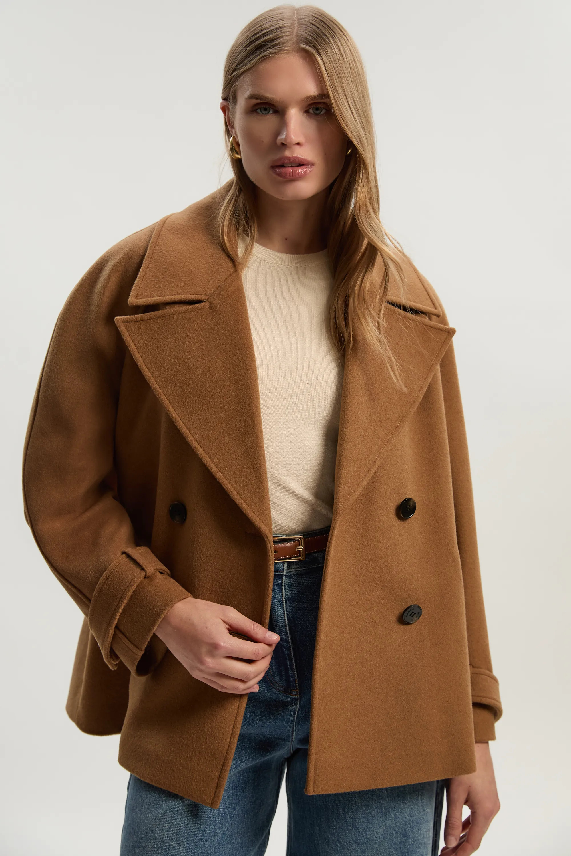 Tailored Brushed Wool Double Breasted Short Pea Coat | Karen Millen UK + IE + DE + NL