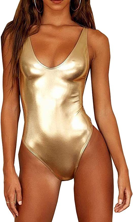 YAUASOPA Sexy Liquid Metallic Glitter One Piece Push Up Swimsuit Female Shiny Solid High Cut Beac... | Amazon (US)