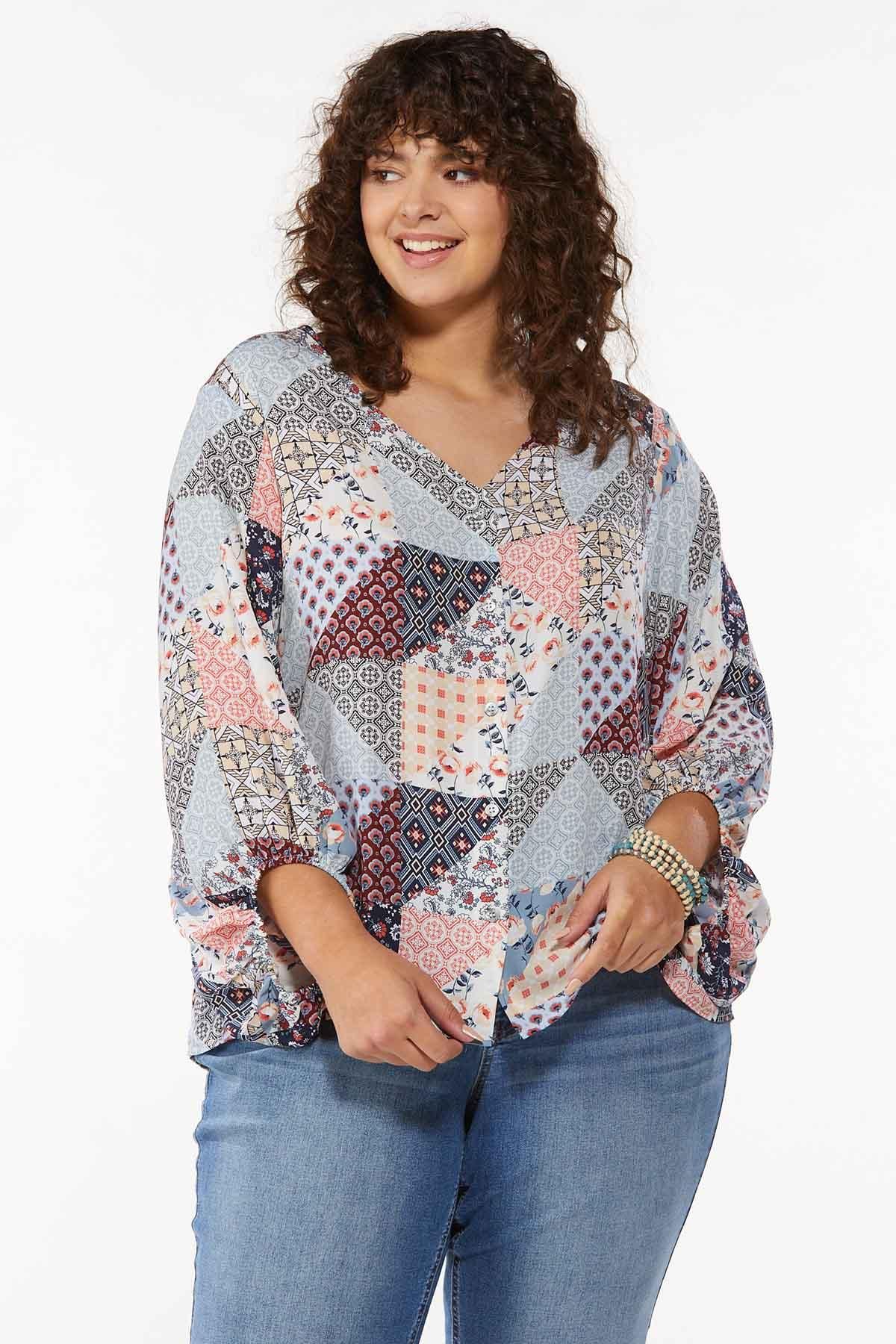 Plus Size Patchwork Balloon Sleeve Top | Cato Fashions