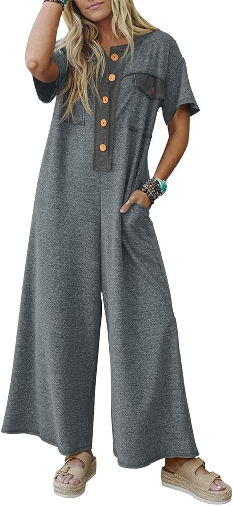 Fisoew Womens Casual Loose Jumpsuits Short Sleeve V-Neck Button Down One Piece Outfits Wide Leg S... | Amazon (US)