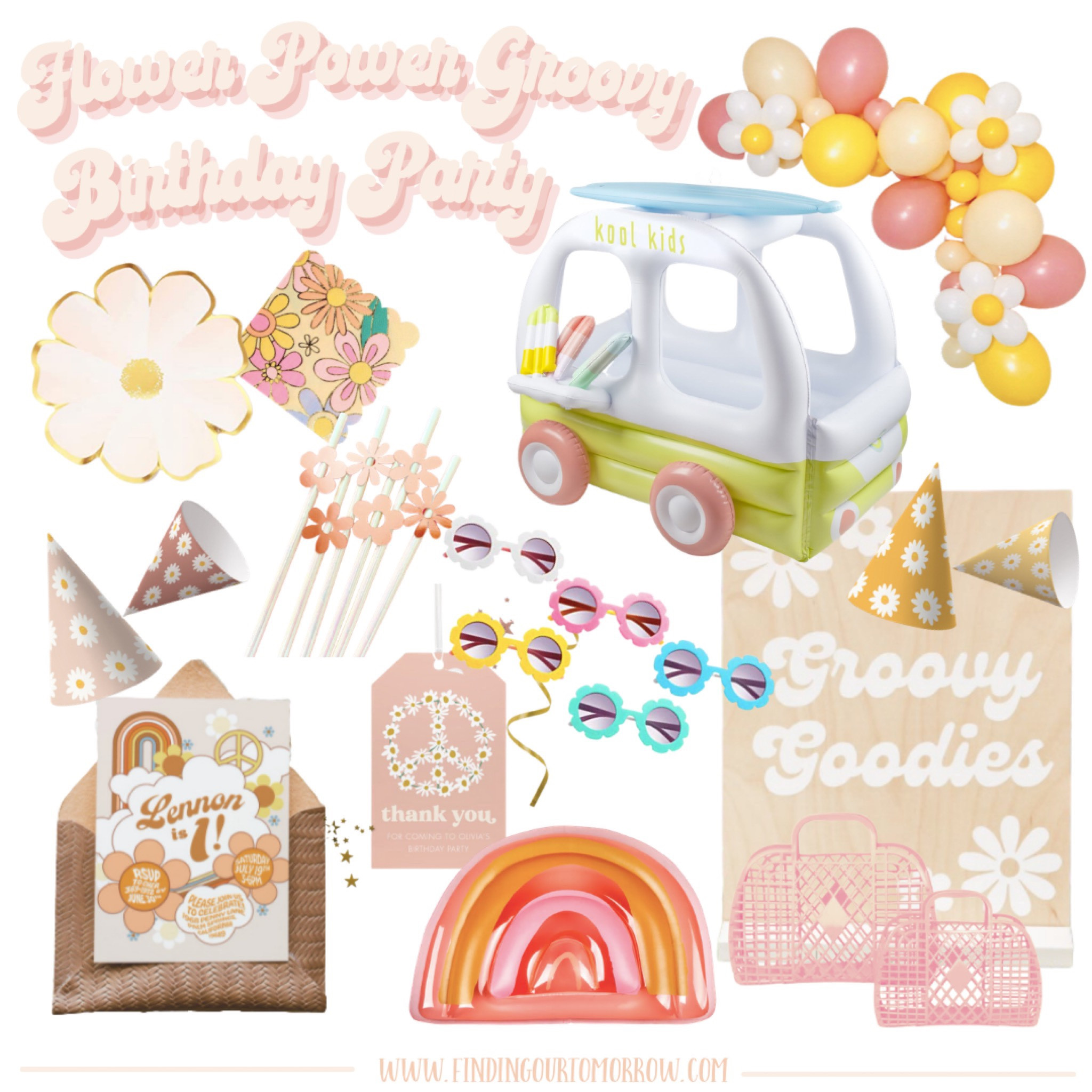 Groovy Flower Power Kids Birthday Party.

Daisy Plates, floral napkins, inflatable Volkswagen bus for children with popsicles, yellow and pink Boho Daisy party hats, flower Daisy sunglasses, welcome sign, bohemian rainbow gold and pink, jellie tote for goodie bags, invitation and thank you peace sign, flower straws, Floral balloon garland. Girls Birthday Party, Toddler, Teen.

#LTKfamily #LTKkids #LTKhome