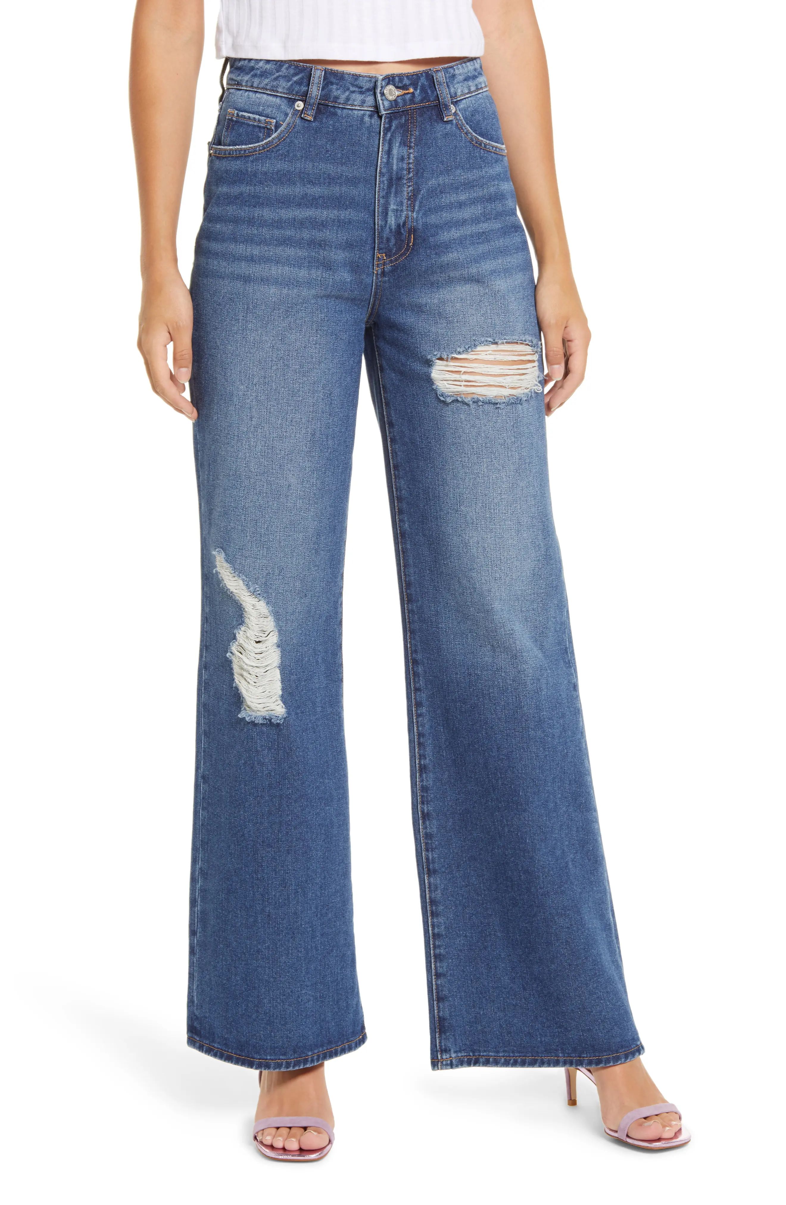 Women's Prosperity Denim Ripped High Waist Wide Leg Jeans, Size 30 - Blue | Nordstrom