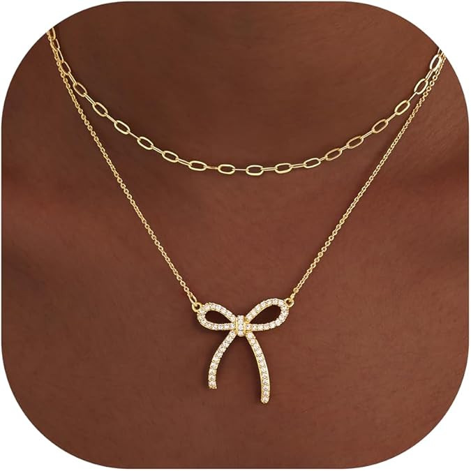 Gold Layered Necklaces for Women Chunky 14K Gold Silver Plated Stack Diamond Bow Statement Pendan... | Amazon (US)