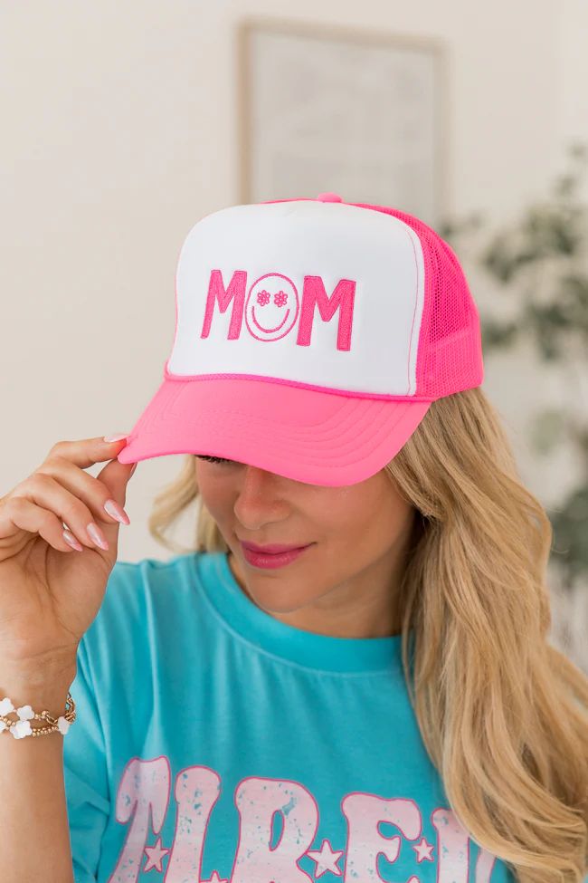 Mom Smiley White Hot Pink Trucker Hat | Pink Lily