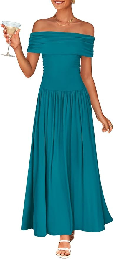 ZESICA Women's Off The Shoulder Maxi Dress 2025 Summer Sleeveless Casual Slim Swing Pleated Forma... | Amazon (US)