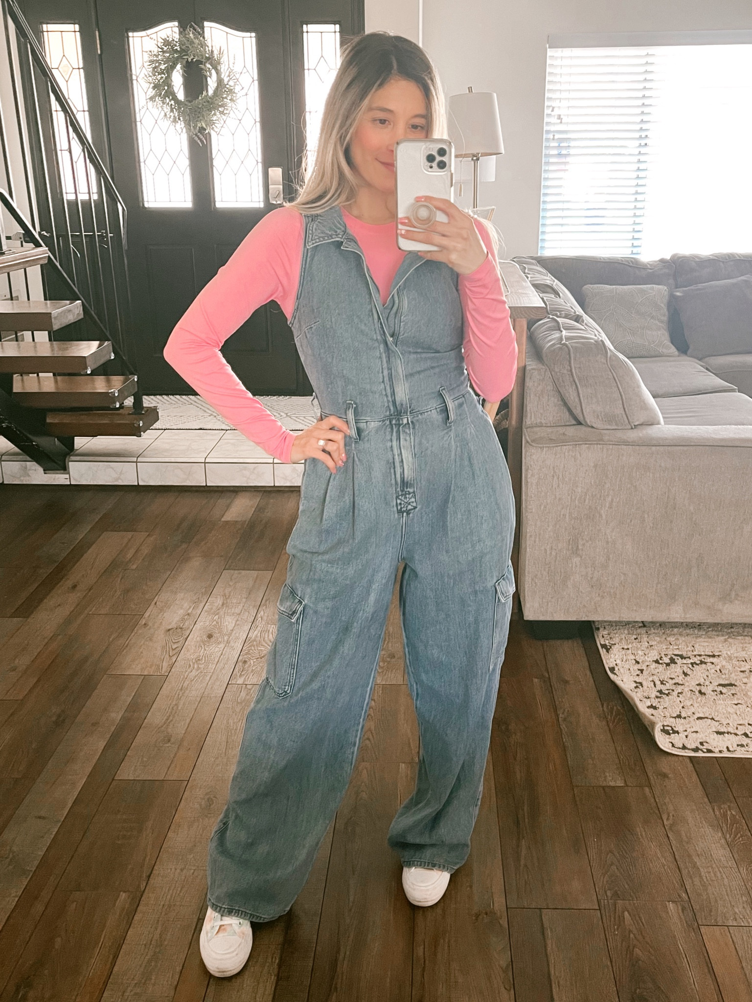Cargo jumpsuit. Denim jumpsuit. Sleeveless jumpsuit paired with pink  seamless long sleeve top. Available in multiple colors. Perfect casual on-the-go outfit

#LTKfindsunder50 #LTKstyletip