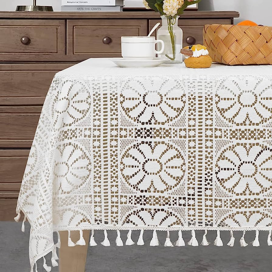 VERTKREA Lace Table Cloth 60x84 Inch, White Lace Overlay Tablecloth, Vintage Embroidered Floral L... | Amazon (US)