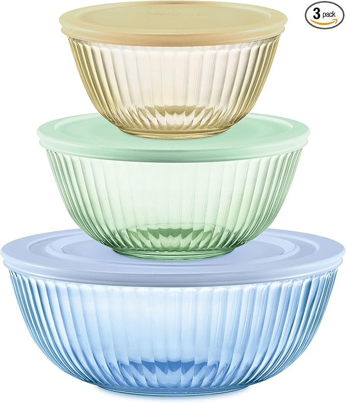 Pyrex Colors Tinted (3-Pack, Full Set) Sculpted Tinted Glass Mixing Bowls With Plastic Lids, Nest... | Amazon (US)
