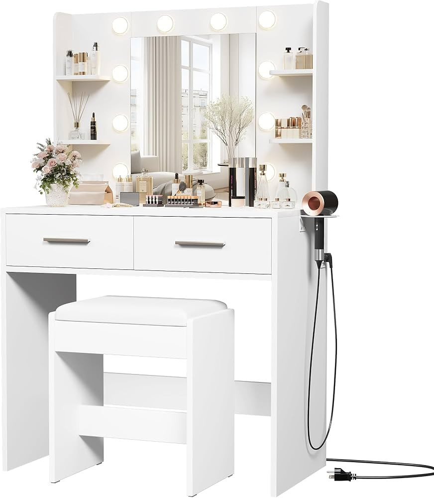 Furmax Make up Vanity Desk with Mirror and Power Outlet, Vanity with 3 Color Light Options Adjust... | Amazon (US)