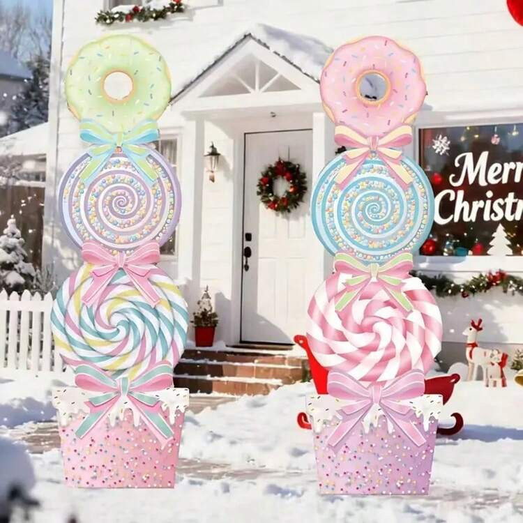 2D Flat, 2pcs APUNGA Large Pastel Pink & Mint Green Candy Cake Yard Stakes - Plastic Outdoor/Indoor Christmas Lawn Decorations With Bow & Sprinkles-Like Beads, Candyland Party Signs For Xmas Garden, Pathway, Doorstep (Easy Installation, 2D Flat, Christmas Yard Decorations, Stakes For Climbing Plants | SHEIN
