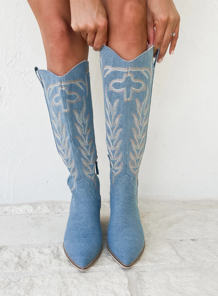 Inlay Denim Embroidered Boots | CK Squared Boutique