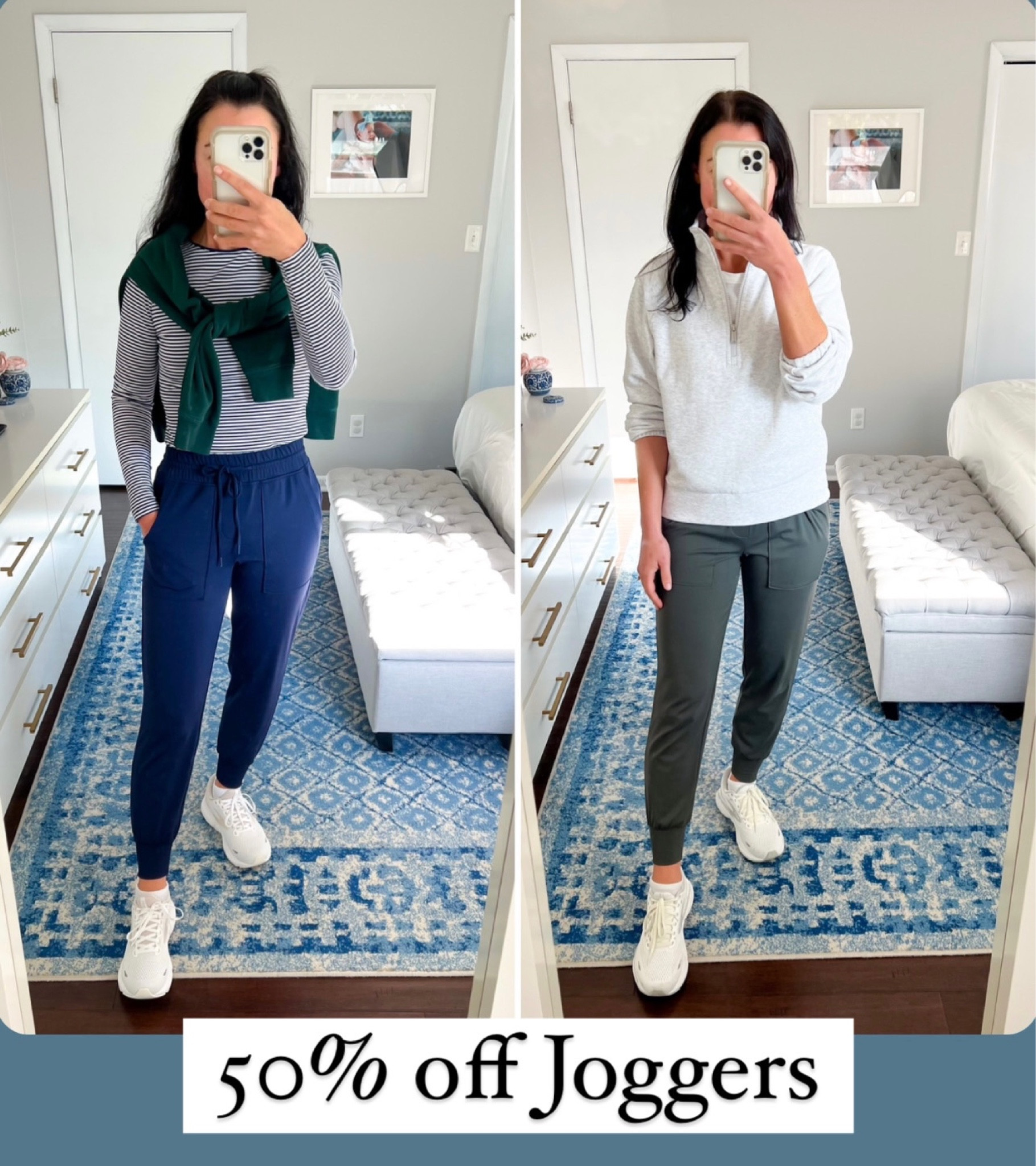 50% off my favorite joggers!! I own 6 pairs of these joggers in different colors, I love them SO much! They are super comfy, but also a style that allows you to look put together. Easy to wear out in public for errands, school pickup, soccer games, etc. and of course, while lounging at home. 

I love tucking a top in to make a “nice” loungewear outfit or you can layer a half-zip or crewneck on top. 

Joggers run a bit big in my opinion. I size down to an XS.
Striped top fits TTS, I wear a S.
Green crewneck fits TTS, I wear a S.
White Sneakers fit TTS, but if Between sizes, size up.

Casual style, mom style, activewear, everyday outfit, mom ootd, preppy, loungewear, weekend style, sale, Loft #sale #joggers #casual #momstyle #momootd 

#LTKfindsunder50 #LTKSeasonal #LTKsalealert
