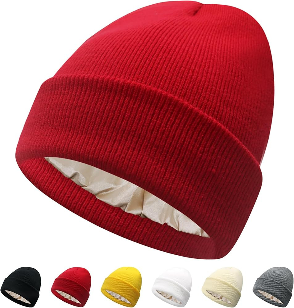 PFFY Satin Lined Beanie for Women Silk Lining Soft Winter Hats Reduce Frizz Knit Beanies Warm Sku... | Amazon (US)