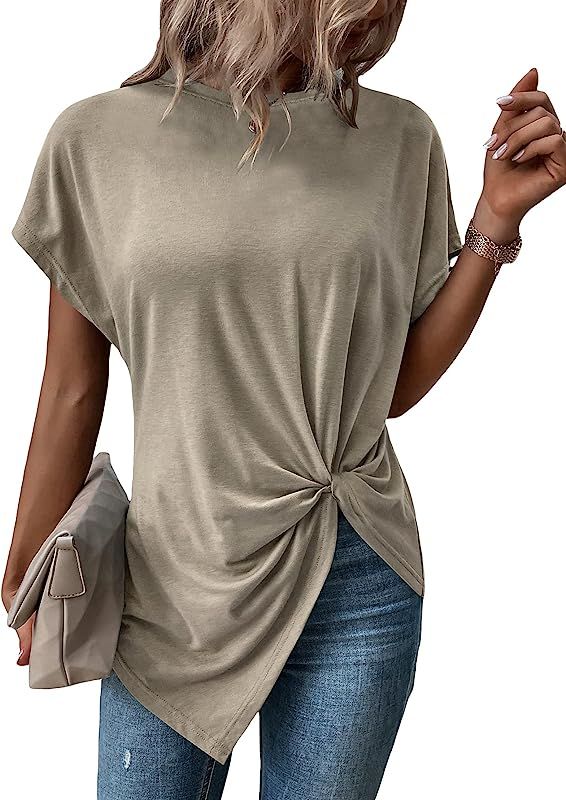 Verdusa Women's Casual Twist Front Asymmetrical Hem Short Sleeve Tee Top | Amazon (US)