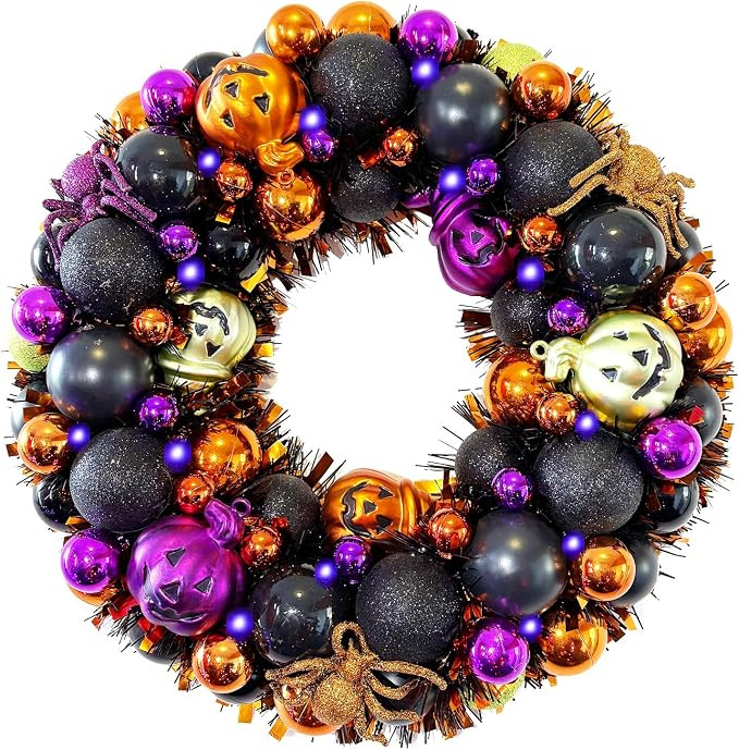 HipTree 13.8 Inch Halloween Ball Wreath for Front Door with Lights | Lighted Cute Treat-or-Trick ... | Amazon (US)