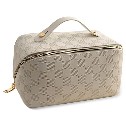 Large Capacity Travel Cosmetic Bag Plaid Checkered Makeup Bag Portable Leather Waterproof Skincar... | Amazon (US)