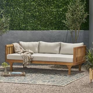 Noble House Claremont Teak Brown Wood Outdoor Day Bed with Beige Cushions 83156 | The Home Depot