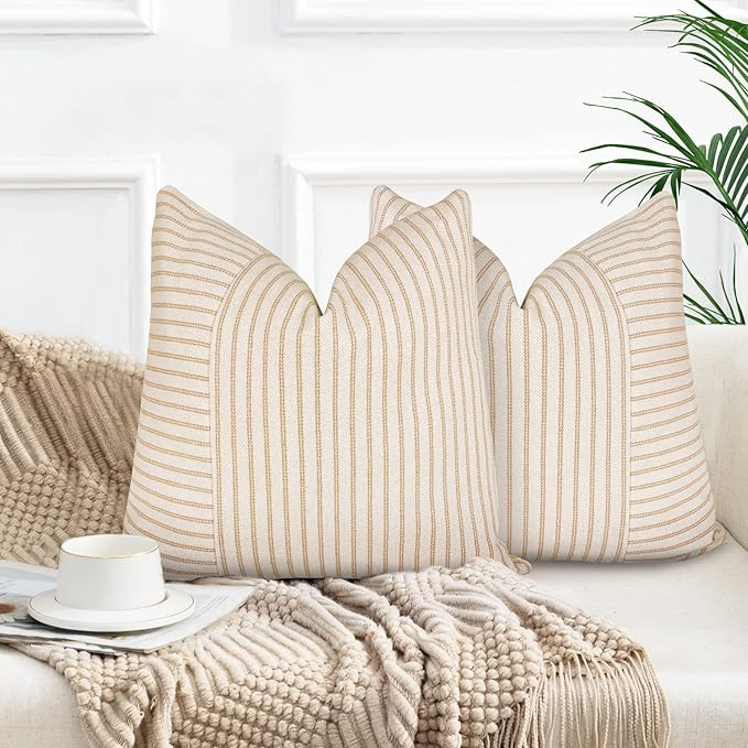 Farmhouse Pillow Covers 18x18, Modern Accent Square Throw Pillow Covers Set of 2, Khaki and Beige... | Amazon (US)