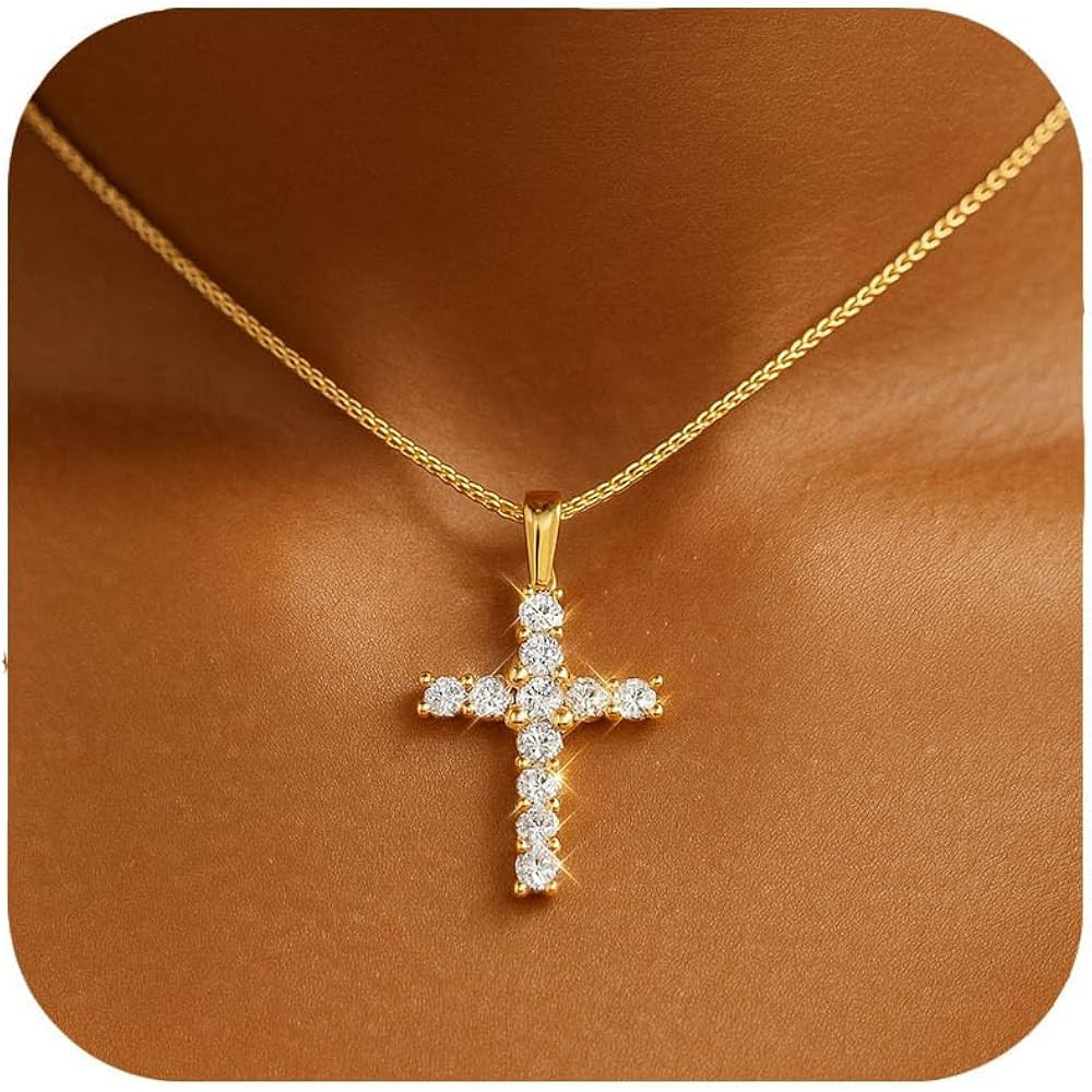 14K Gold-Plated Brass Cross Necklace for Women – Dainty Cubic Zirconia Pendant, Elegant Faith J... | Amazon (US)