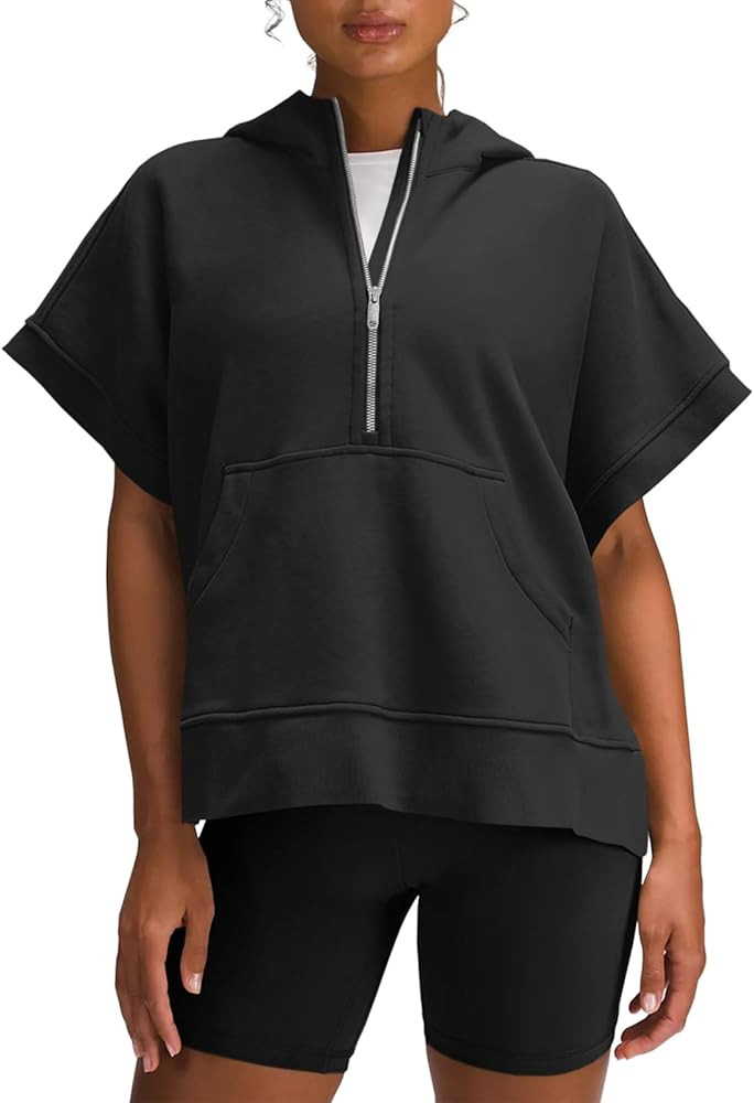 Fisoew Womens Oversized Half Zip Hoodies Short Sleeve Casual Sweatshirts Pullover Tops with Pockets | Amazon (US)