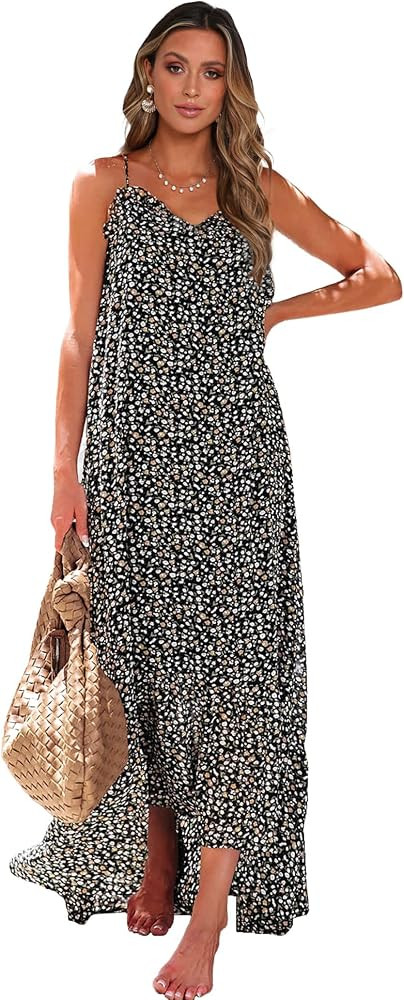 BTFBM Women's Summer Casual Maxi Dresses Spaghetti Strap Sleeveless Ruffle High Low Print Flowy Beac | Amazon (US)