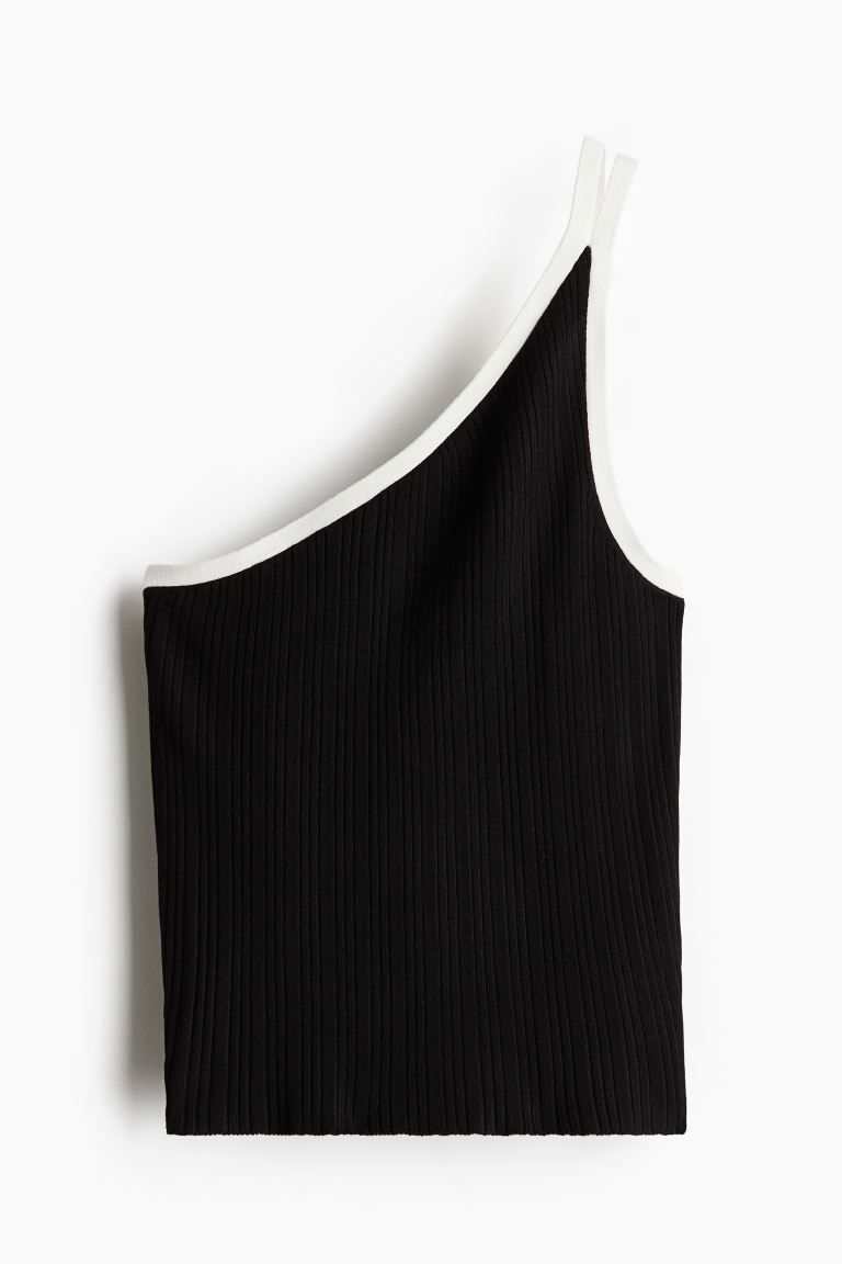 Rib-knit One-shoulder Top - Asymmetric Neckline - Sleeveless - Beige - Ladies | H&M US | H&M (US + CA)