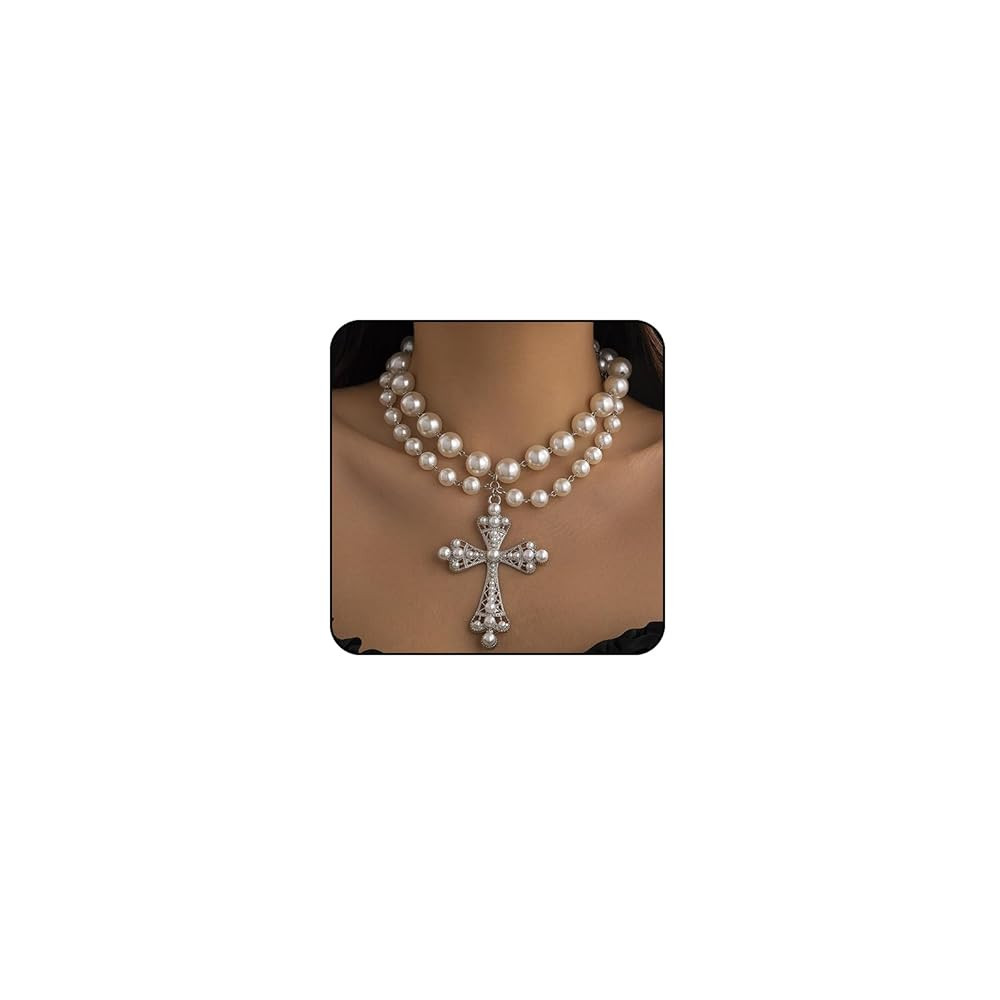 Pearl Cross Necklace Big Cross Pendants Necklaces for Women Chunky Pearl Necklace Gothic Cross Ne... | Amazon (US)
