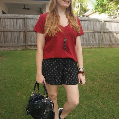 Black printed shorts with a deep red tee and my little Rebecca Minkoff Cupid bag ❤️

#LTKaustralia #LTKitbag