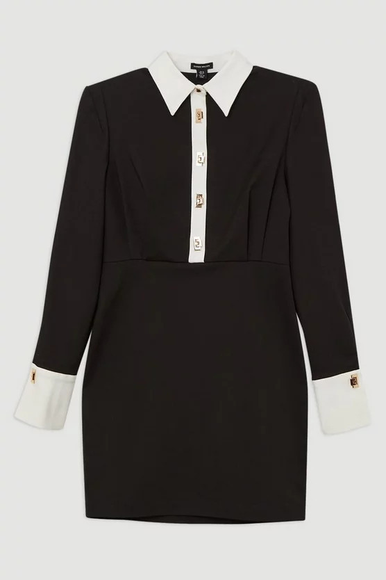 Petite Techno Cotton Woven Mini Shirt Dress With Gold Clasps | Karen Millen | Karen Millen UK + IE + DE + NL