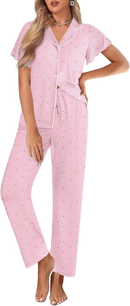 Ekouaer Pajamas for Women Set Button Up Sleepwear Cute Pjs Ruffle Sleeve Notch Collar Loungewear ... | Amazon (US)