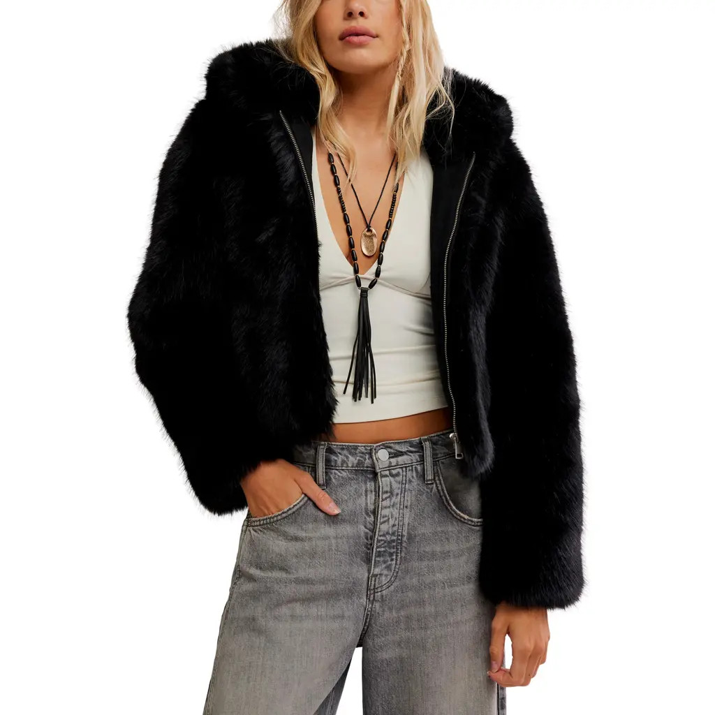 Free People Louder Please Hooded Faux Fur Jacket in Black at Nordstrom Rack, Size Medium | Nordstrom Rack