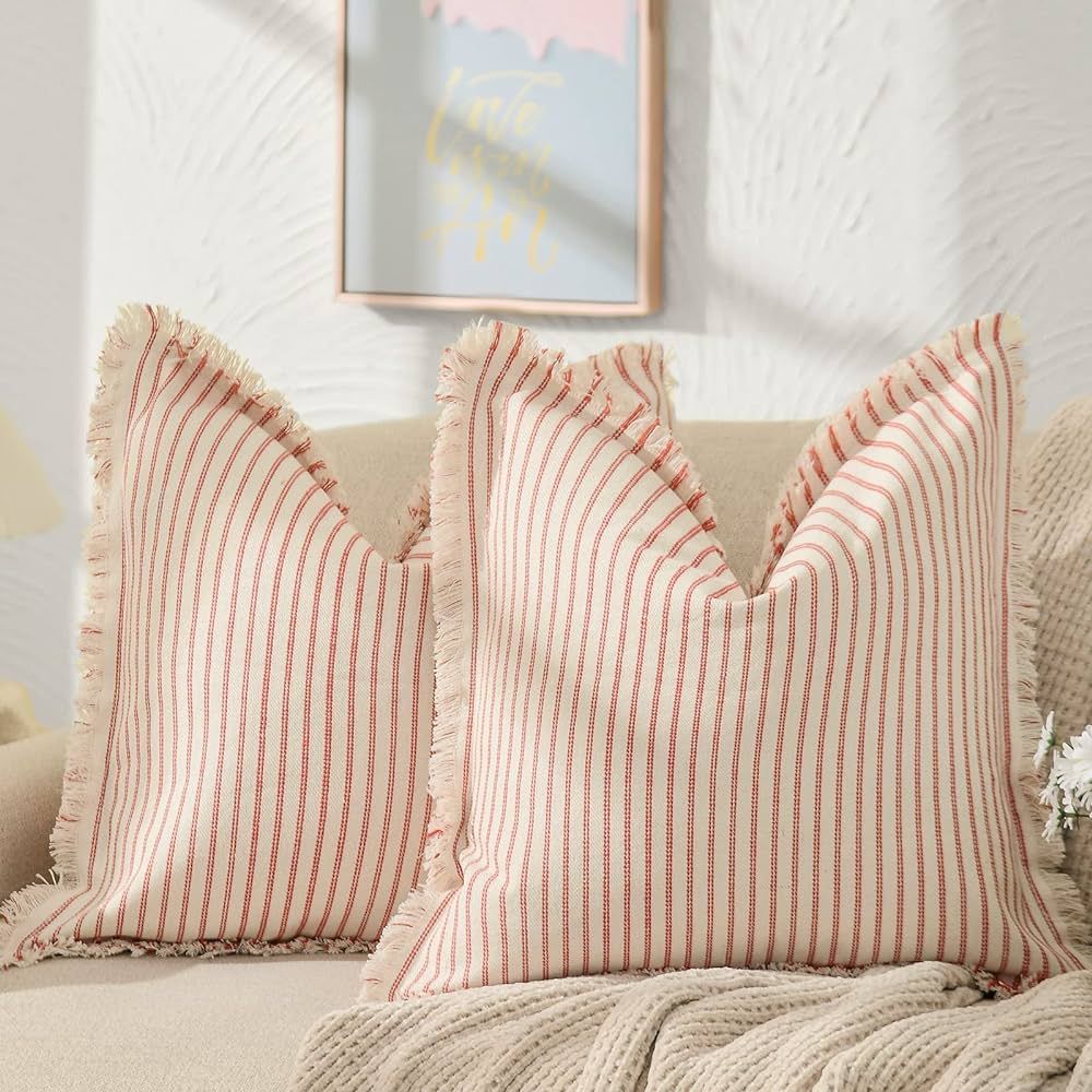 ZWJD Throw Pillow Covers 24x24 Set of 2 Striped Pillow Covers with Fringe Chic Cotton Decorative ... | Amazon (US)