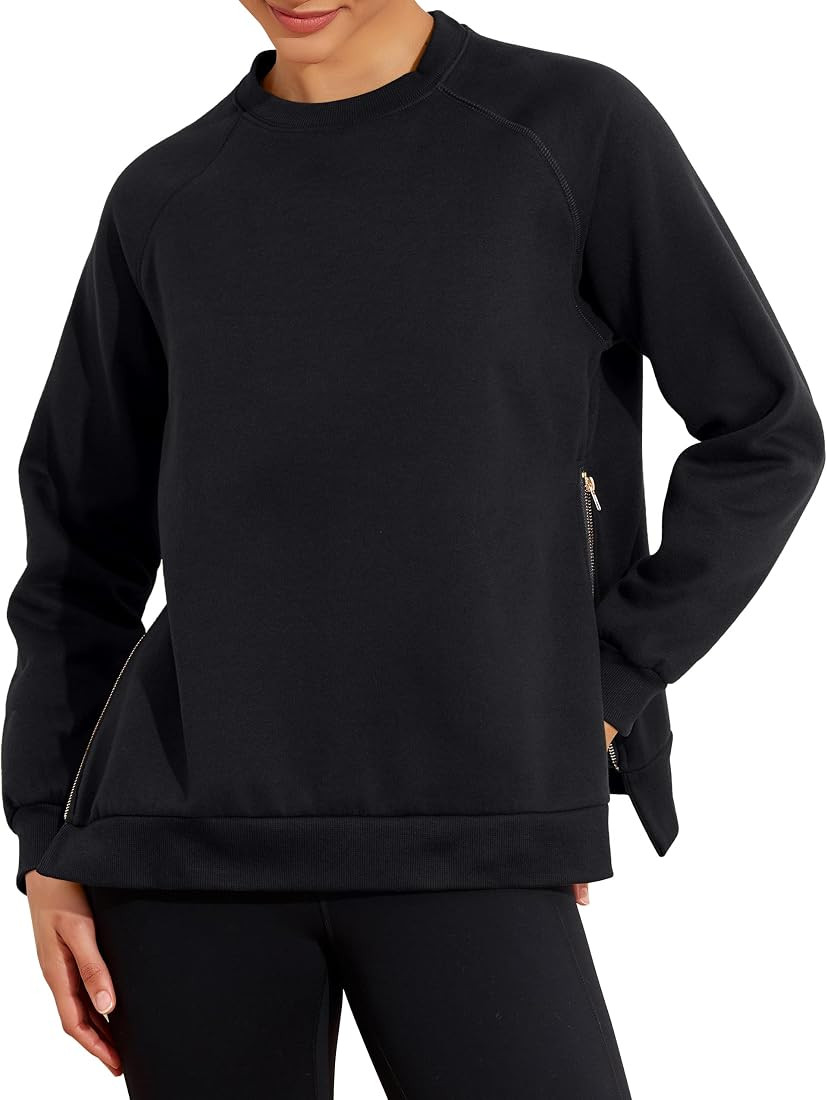 PrettyGuide Women's Sweatshirts Crewneck Long Sleeve Oversized Casual Side Slit Zipper Fleece Pul... | Amazon (US)