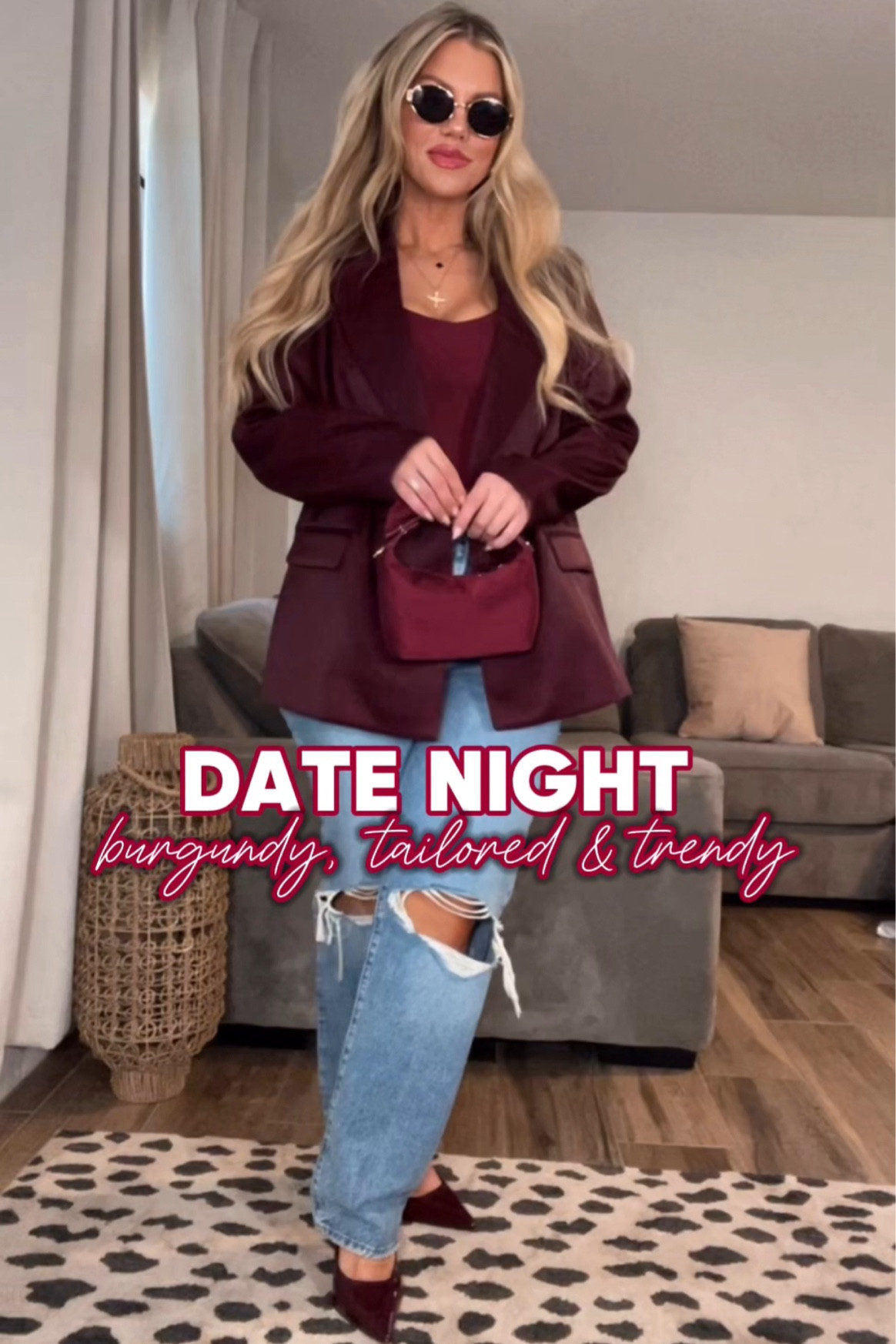 It’s DATE NIGHT!!! 💃🍷👠
Tailored and Trendy: Wear the maroon blazer with a burgundy  or white bodysuit with straight-leg jeans. I love ripped jeans but you could also do a plain pair. Add heels or heeled mules and a structured handbag for a polished, trendy appearance for a night out on the town. 

#LTKSeasonal #LTKStyleTip #LTKParties