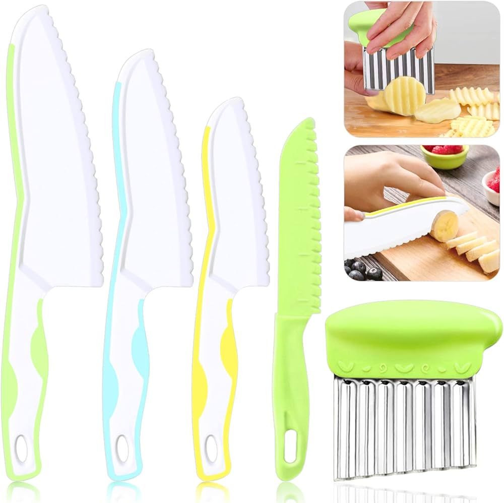 5 Pcs Kids Knives, Kids Safe Cooking Knife, Plastic Kids Kitchen Knife Set with Crinkle Cutter, S... | Amazon (US)