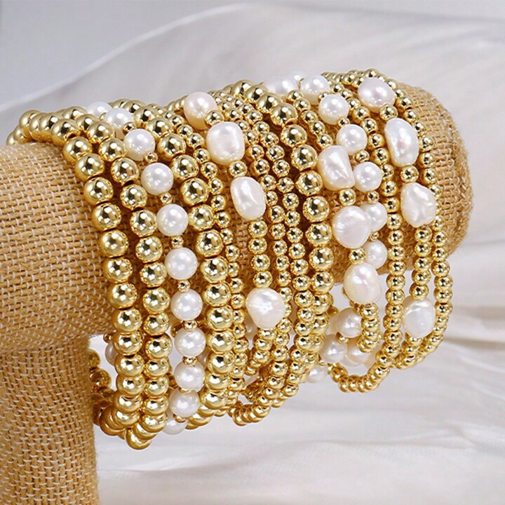 2-4Pcs Golden/Silvery Beaded Bracelets For Women, Golden Plated Faux Pearl Bracelets Gold Stackab... | SHEIN