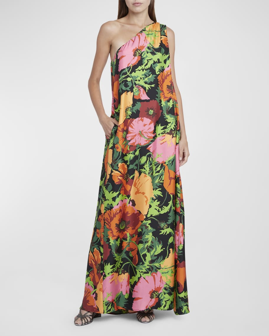 La DoubleJ Roy Floral One-Shoulder Maxi Silk Twill Dress | Neiman Marcus