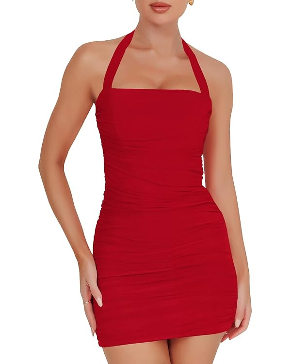 Women's Sexy Bodycon Ruched Halter Mini Dresses Sleeveless Backless Club Party Short Dress | Amazon (US)